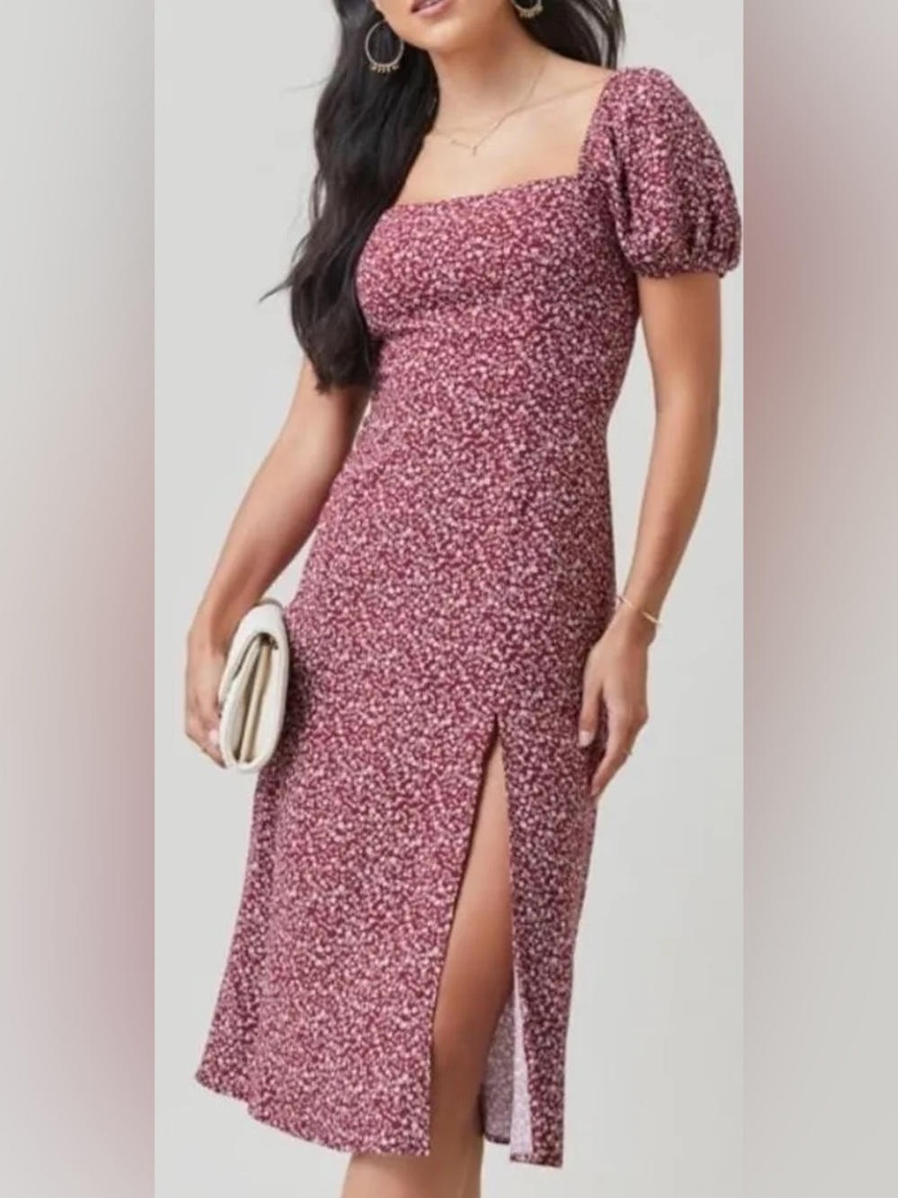 Francesca’s Square Neck Puff Sleeve Midi Dress in Rose Floral